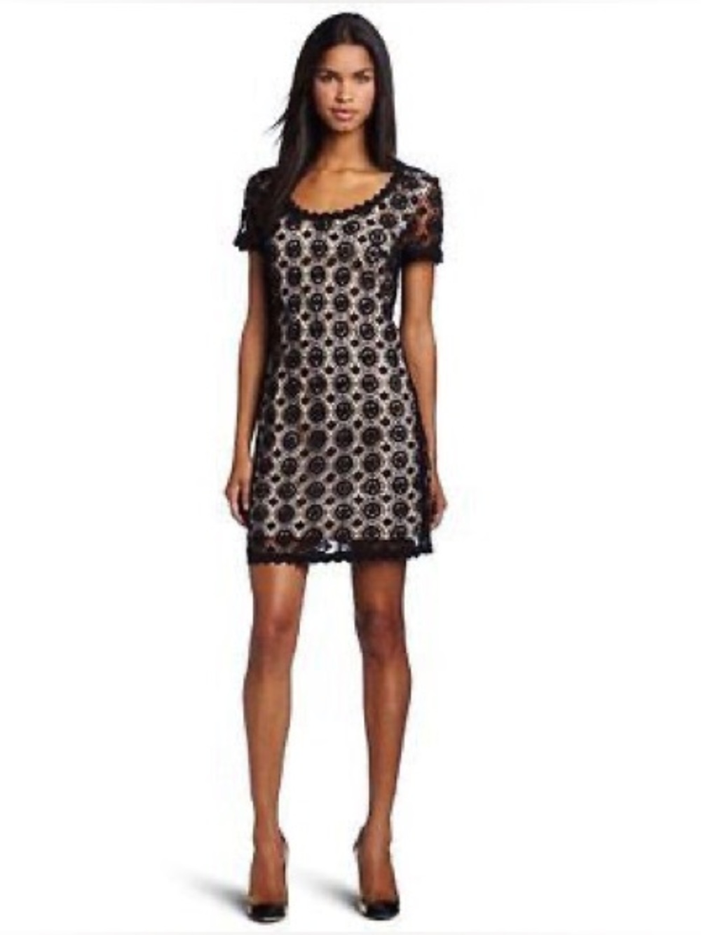 NWT FRENCH CONNECTION Black Lace Circle Pattern Mini Dress w/Full Pink Lining - Picture 3 of 12